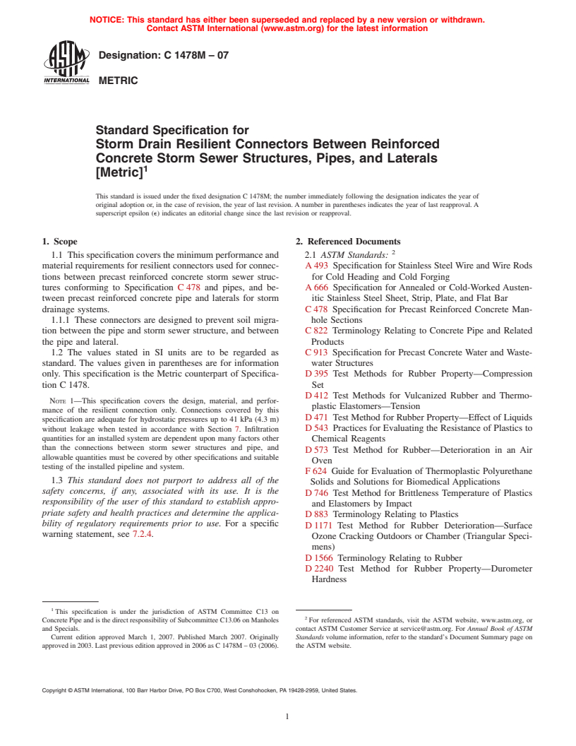 ASTM C1478M-07 - Standard Specification for Storm Drain Resilient Connectors Between Reinforced Concrete Storm Sewer Structures, Pipes, and Laterals (Metric)