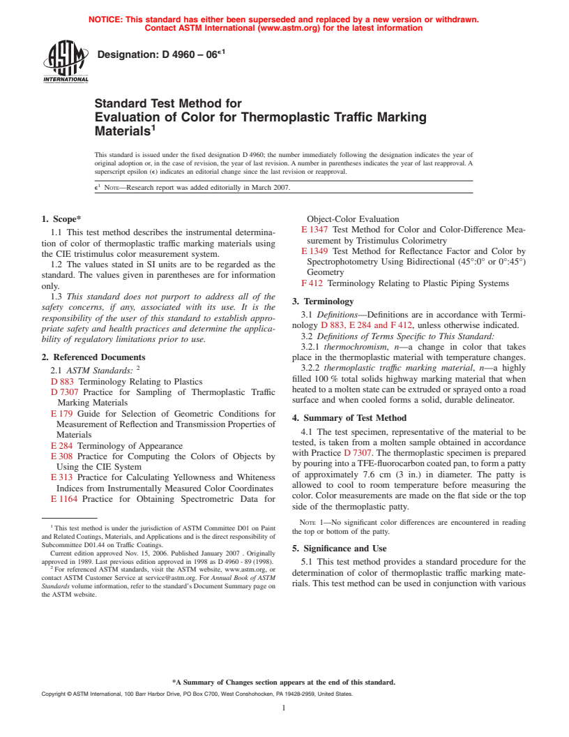 ASTM D4960-06e1 - Standard Test Method for Evaluation of Color for Thermoplastic Traffic Marking Materials