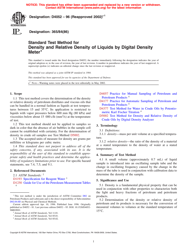 ASTM D4052-96(2002)e1 - Standard Test Method for Density and Relative Density of Liquids by Digital Density Meter