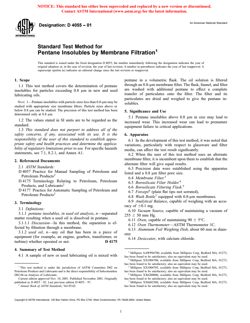 ASTM D4055-01 - Standard Test Method for Pentane Insolubles by Membrane Filtration