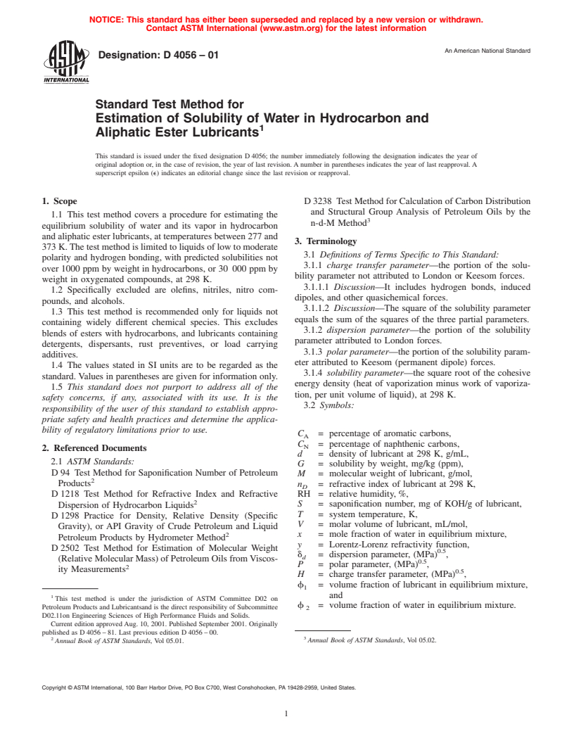 ASTM D4056-01 - Standard Test Method for Estimation of Solubility of Water in Hydrocarbon and Aliphatic Ester Lubricants