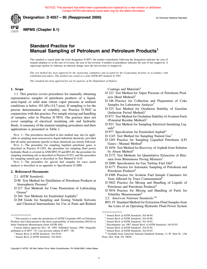 ASTM D4057-95(2000) - Standard Practice for Manual Sampling of Petroleum and Petroleum Products