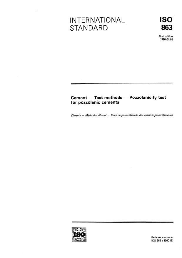 ISO 863:1990 - Cement -- Test methods -- Pozzolanicity test for pozzolanic cements