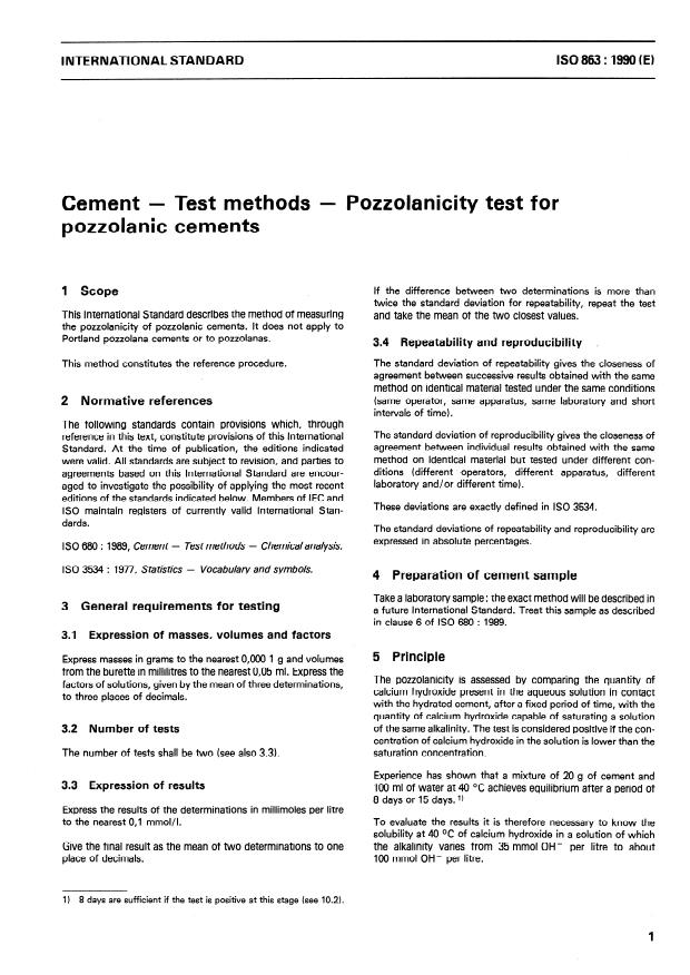 ISO 863:1990 - Cement -- Test methods -- Pozzolanicity test for pozzolanic cements