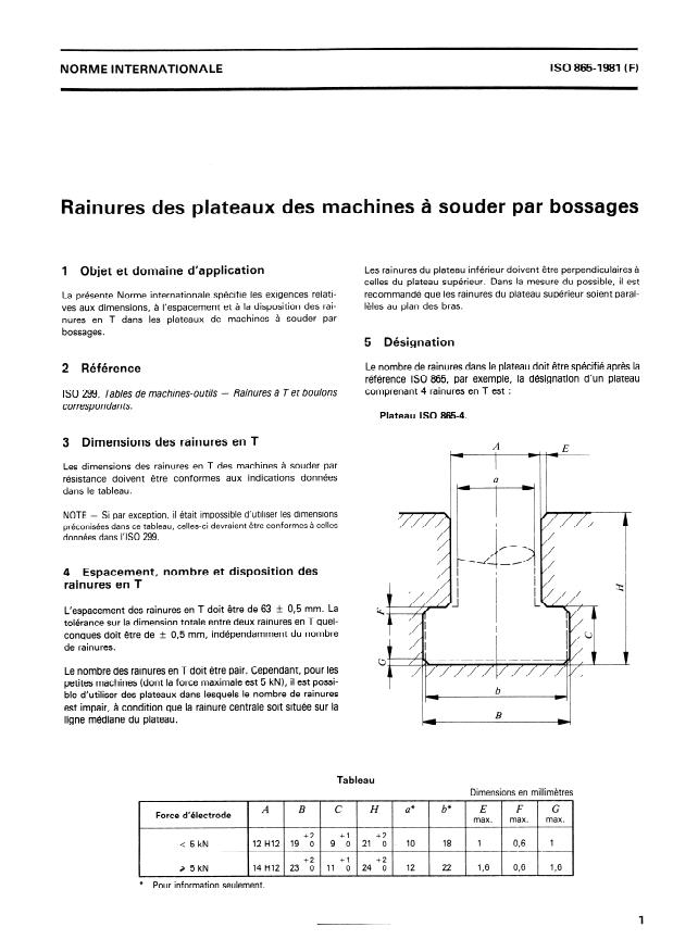 ISO 865:1981 - Rainures des plateaux des machines a souder par bossages