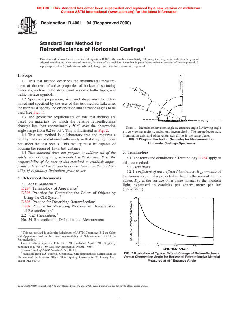 ASTM D4061-94(2000) - Standard Test Method for Retroreflectance of Horizontal Coatings