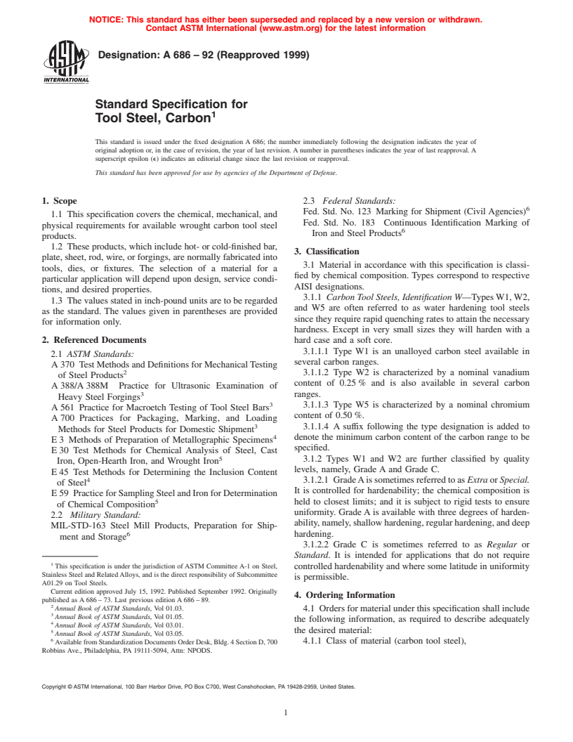 ASTM A686-92(1999) - Standard Specification for Tool Steel, Carbon