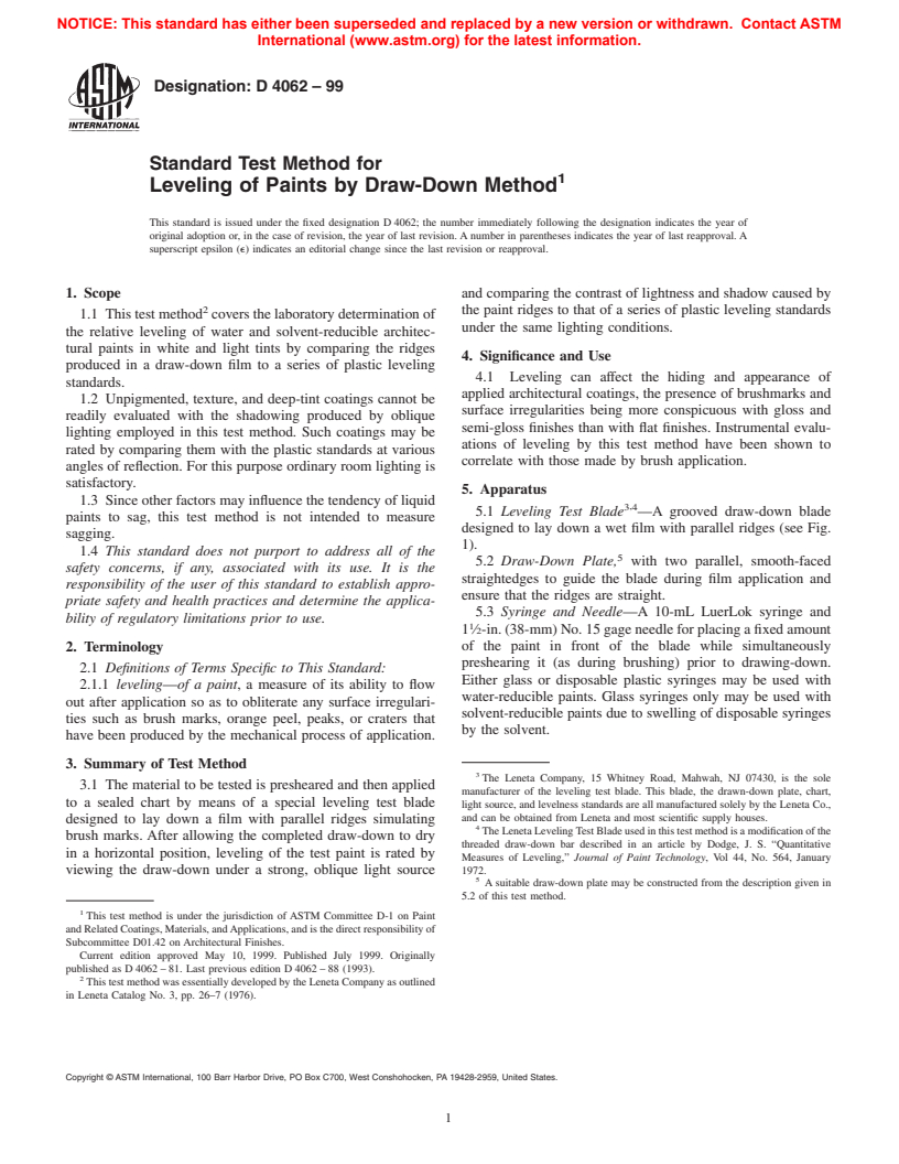 ASTM D4062-99 - Standard Test Method for Leveling of Paints by Draw-Down Method