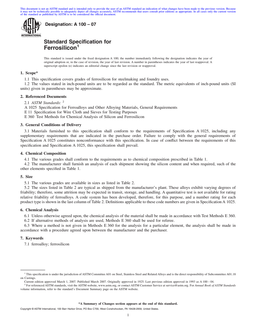 REDLINE ASTM A100-07 - Standard Specification for Ferrosilicon