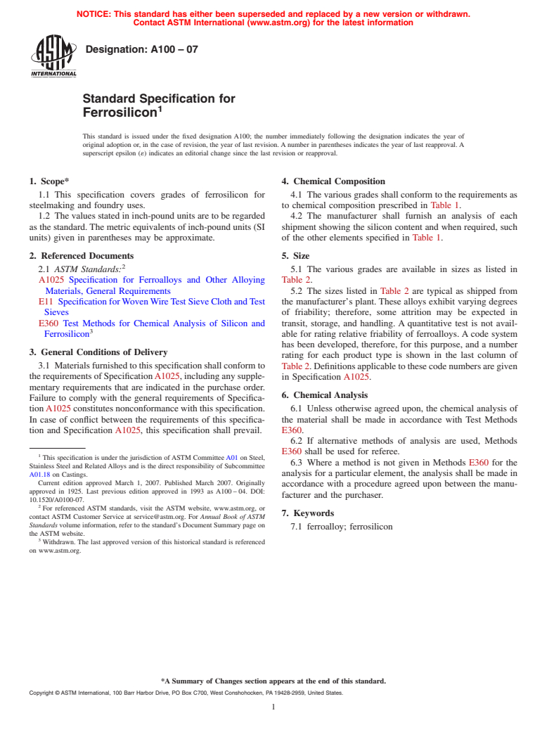 ASTM A100-07 - Standard Specification for Ferrosilicon