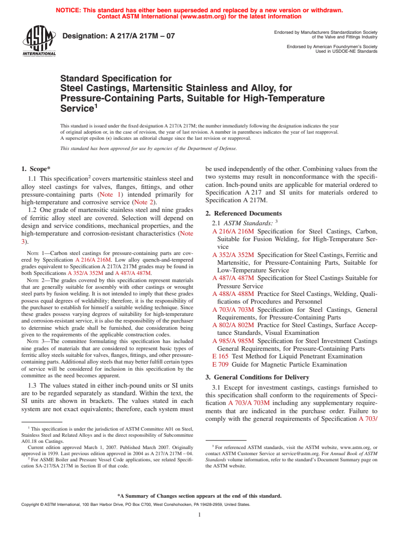 ASTM A217/A217M-07 - Standard Specification for Steel Castings, Martensitic Stainless and Alloy, for Pressure-Containing Parts, Suitable for High-Temperature Service