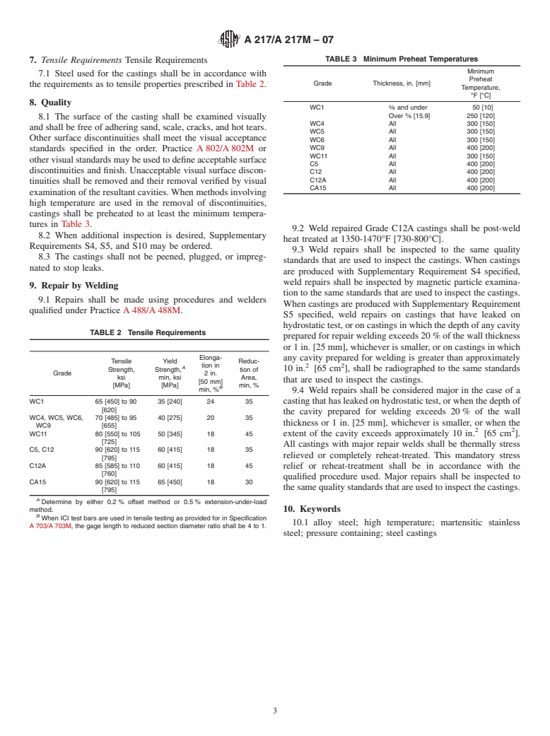 ASTM A217/A217M-07 - Standard Specification for Steel Castings, Martensitic Stainless and Alloy, for Pressure-Containing Parts, Suitable for High-Temperature Service