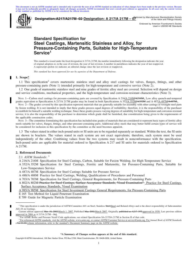 REDLINE ASTM A217/A217M-07 - Standard Specification for Steel Castings, Martensitic Stainless and Alloy, for Pressure-Containing Parts, Suitable for High-Temperature Service