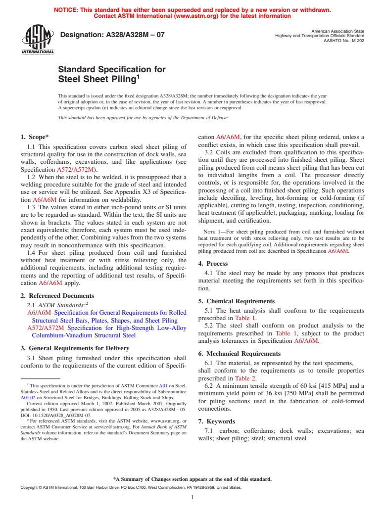 ASTM A328/A328M-07 - Standard Specification for Steel Sheet Piling