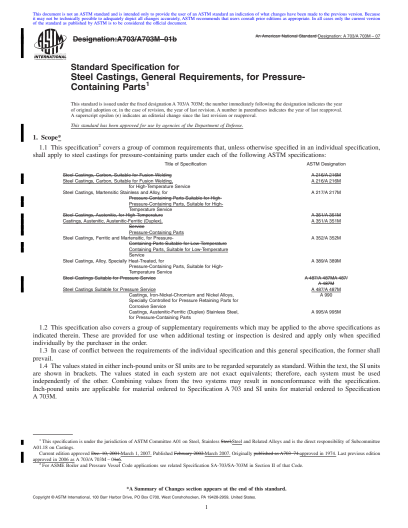 REDLINE ASTM A703/A703M-07 - Standard Specification for Steel Castings, General Requirements, for Pressure-Containing Parts