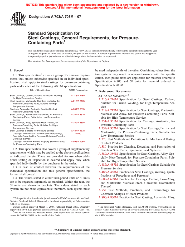 ASTM A703/A703M-07 - Standard Specification for Steel Castings, General Requirements, for Pressure-Containing Parts