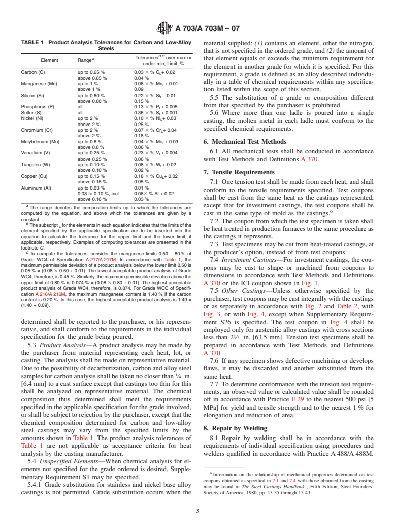 ASTM A703/A703M-07 - Standard Specification for Steel Castings, General Requirements, for Pressure-Containing Parts