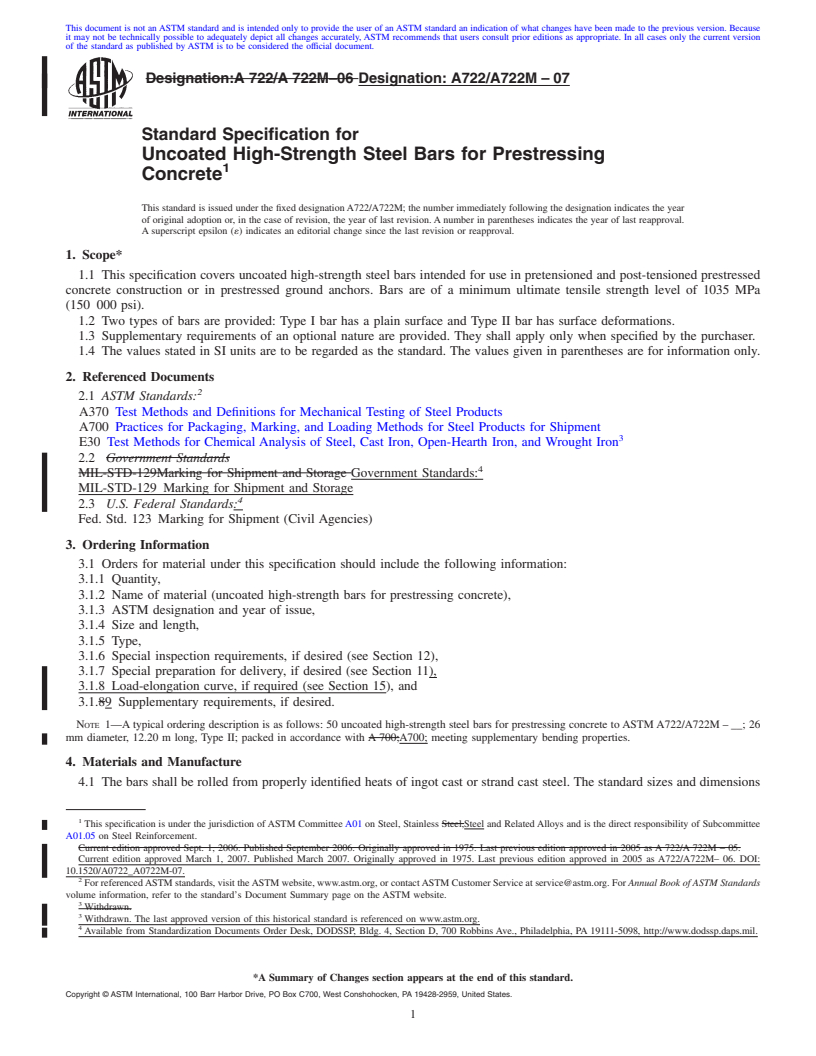 REDLINE ASTM A722/A722M-07 - Standard Specification for Uncoated High-Strength Steel Bars for Prestressing Concrete