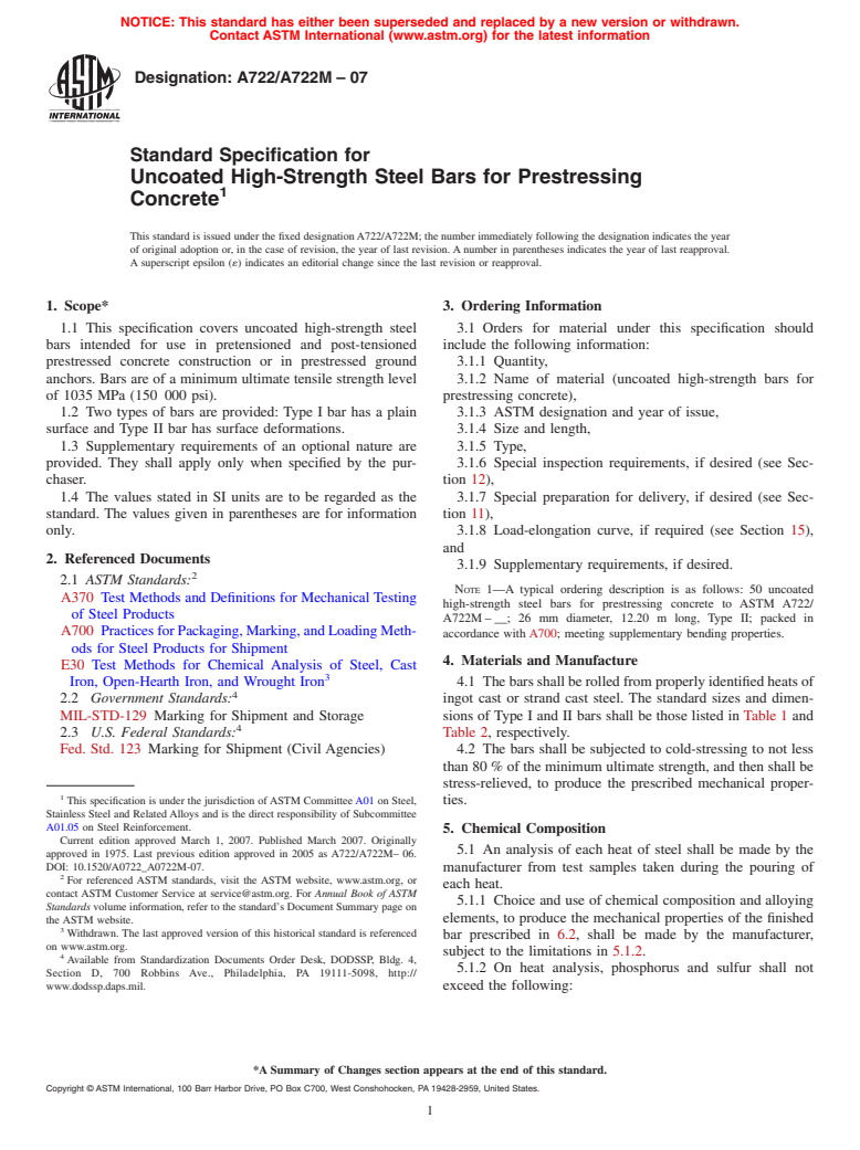 ASTM A722/A722M-07 - Standard Specification for Uncoated High-Strength Steel Bars for Prestressing Concrete