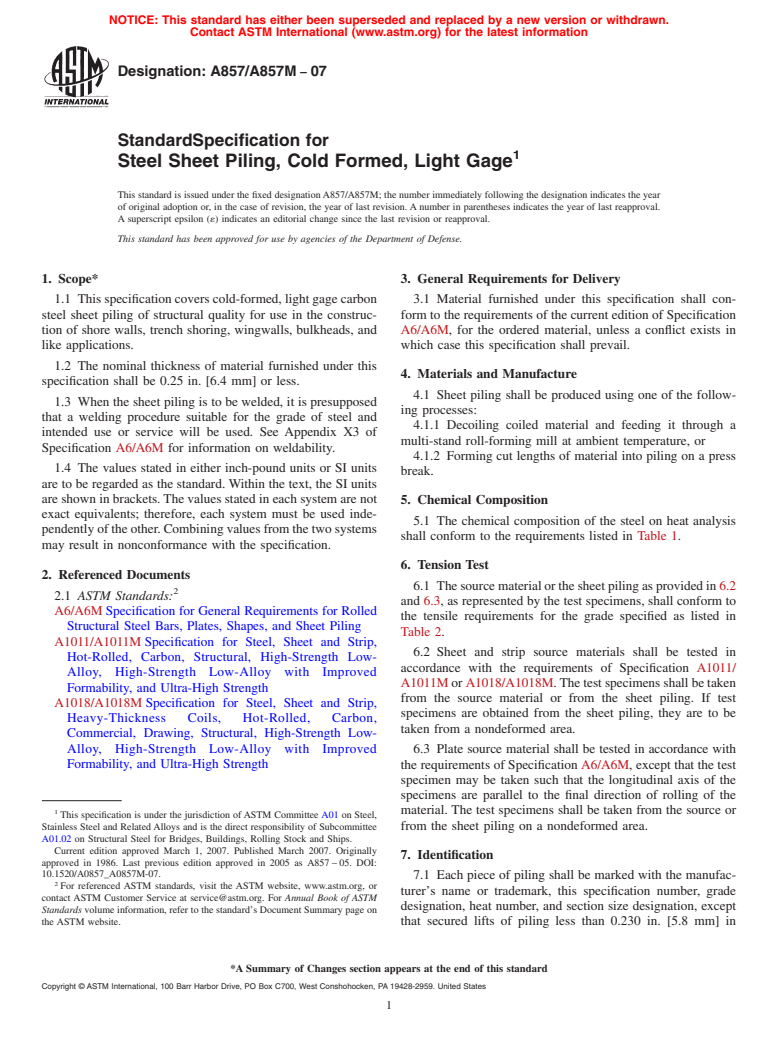 ASTM A857/A857M-07 - Standard Specification for Steel Sheet Piling, Cold Formed, Light Gage