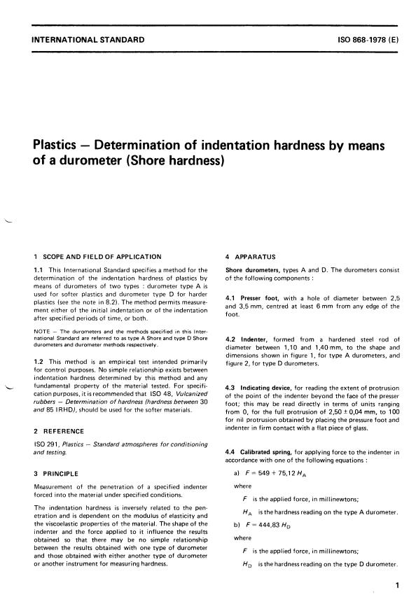 ISO 868:1978 - Plastics -- Determination of indentation hardness by means of a durometer (Shore hardness)