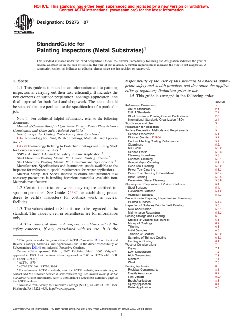 ASTM D3276-07 - Standard Guide for Painting Inspectors (Metal Substrates)