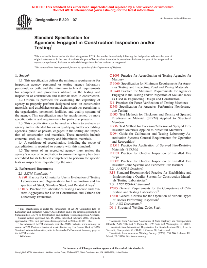 ASTM E329-07 - Standard Specification for Agencies Engaged in Construction Inspection and/or Testing