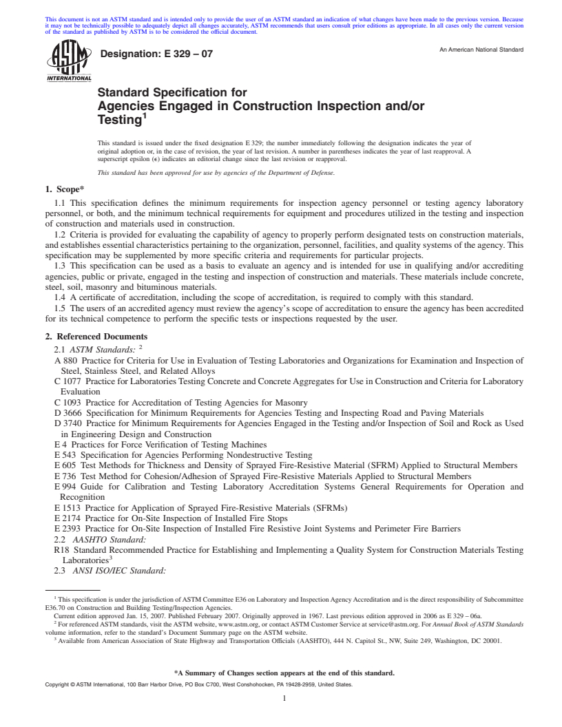 REDLINE ASTM E329-07 - Standard Specification for Agencies Engaged in Construction Inspection and/or Testing