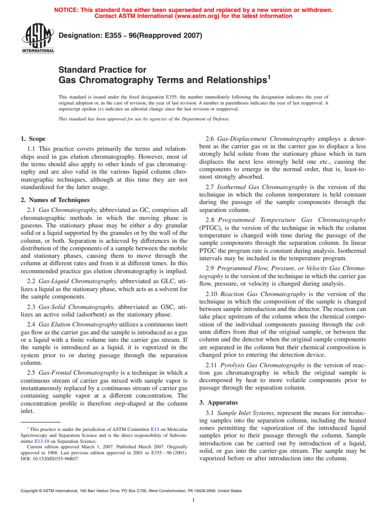 ASTM E355-96(2007) - Standard Practice for Gas Chromatography Terms and Relationships