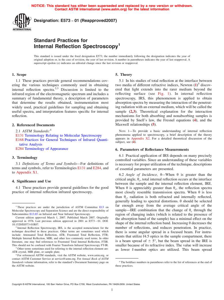 ASTM E573-01(2007) - Standard Practices for Internal Reflection Spectroscopy