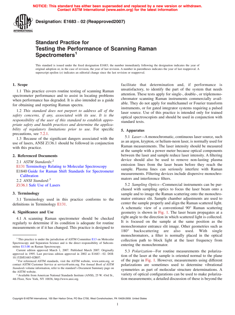 ASTM E1683-02(2007) - Standard Practice for Testing the Performance of Scanning Raman Spectrometers