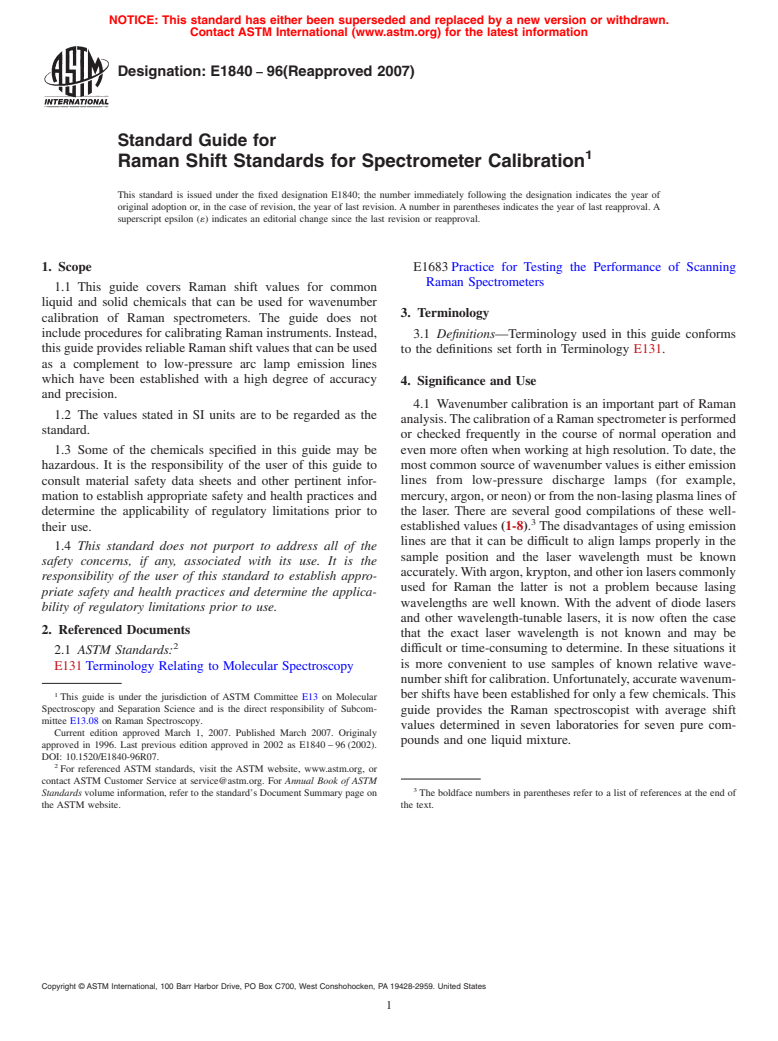 ASTM E1840-96(2007) - Standard Guide for Raman Shift Standards for Spectrometer Calibration