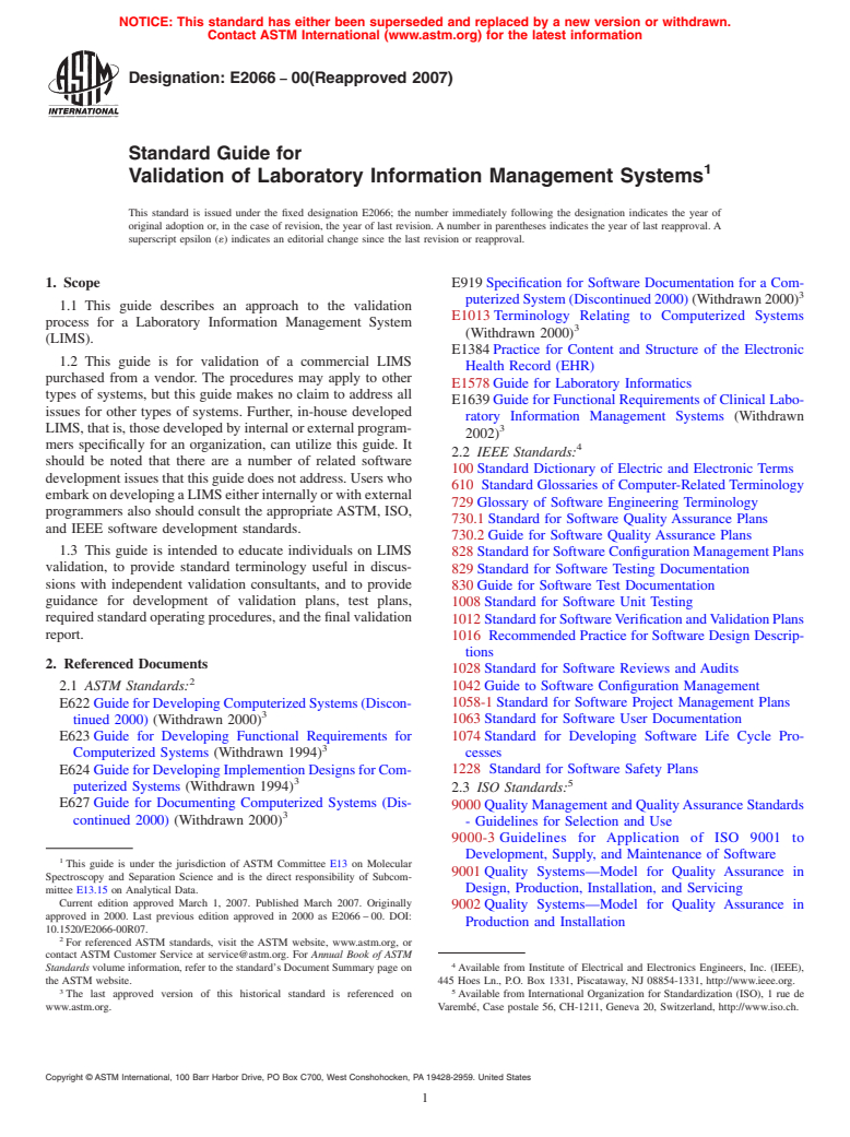 ASTM E2066-00(2007) - Standard Guide for Validation of Laboratory Information Management Systems (Withdrawn 2015)