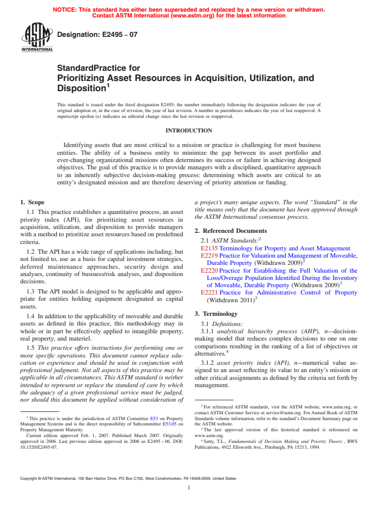 ASTM E2495-07 - Standard Practice for Prioritizing Asset Resources in Acquisition, Utilization, and Disposition