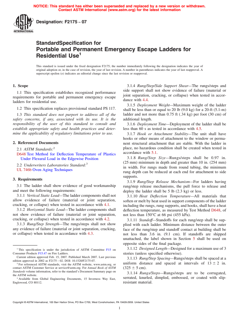 ASTM F2175-07 - Standard Specification for Portable and Permanent Emergency Escape Ladders for Residential Use