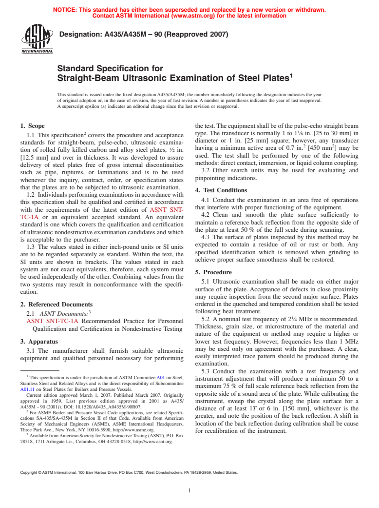 ASTM A435/A435M-90(2007) - Standard Specification for Straight-Beam Ultrasonic Examination of Steel Plates