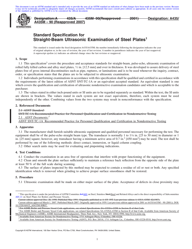 REDLINE ASTM A435/A435M-90(2007) - Standard Specification for Straight-Beam Ultrasonic Examination of Steel Plates