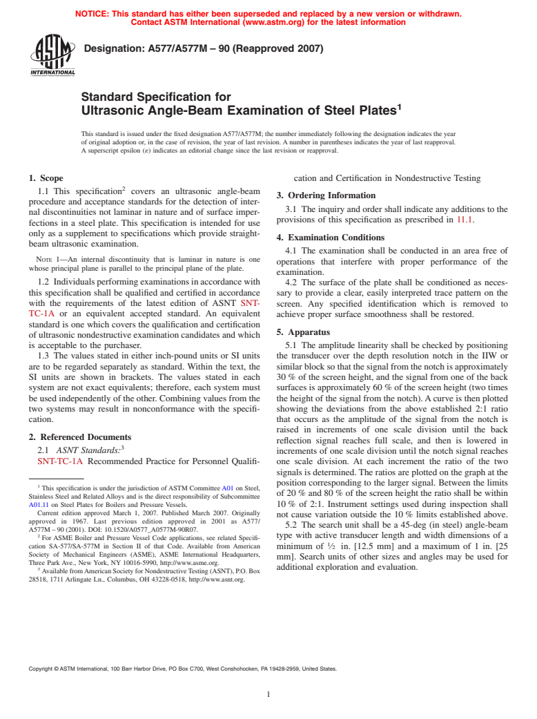 ASTM A577/A577M-90(2007) - Standard Specification for Ultrasonic Angle-Beam Examination of Steel Plates