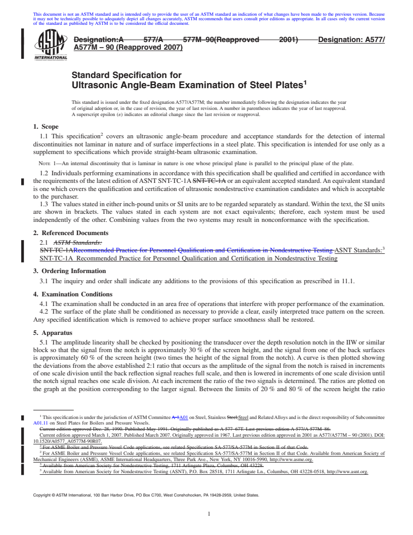 REDLINE ASTM A577/A577M-90(2007) - Standard Specification for Ultrasonic Angle-Beam Examination of Steel Plates