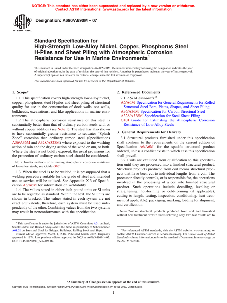 ASTM A690/A690M-07 - Standard Specification for High-Strength Low-Alloy Nickel, Copper, Phosphorus Steel H-Piles and Sheet Piling with Atmospheric Corrosion Resistance for Use in Marine Environments