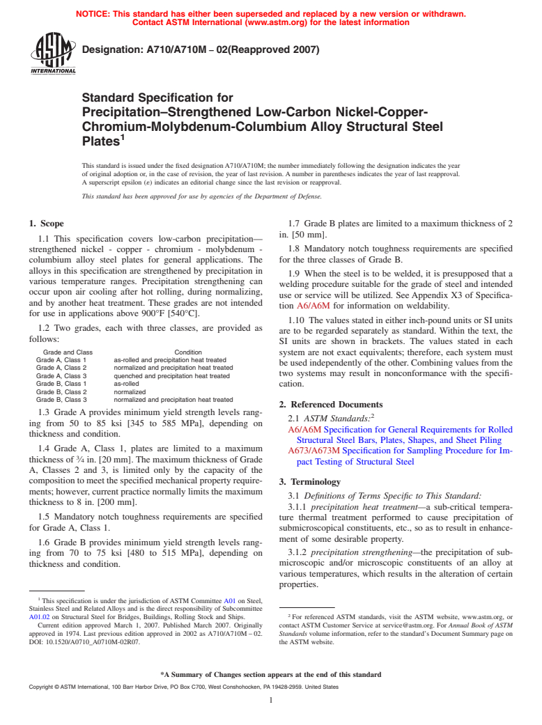 ASTM A710/A710M-02(2007) - Standard Specification for Precipitation-Strengthened Low-Carbon Nickel-Copper-Chromium-Molybdenum-Columbium Alloy Structural Steel Plates