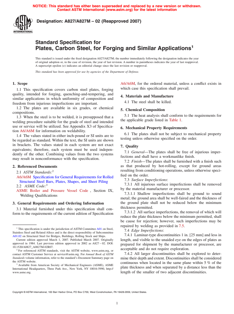 ASTM A827/A827M-02(2007) - Standard Specification for Plates, Carbon Steel, for Forging and Similar Applications