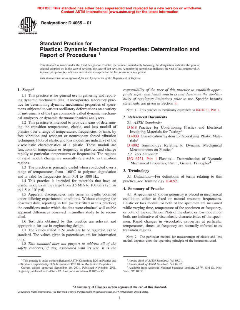 ASTM D4065-01 - Standard Practice for Plastics: Dynamic Mechanical Properties: Determination and Report of Procedures