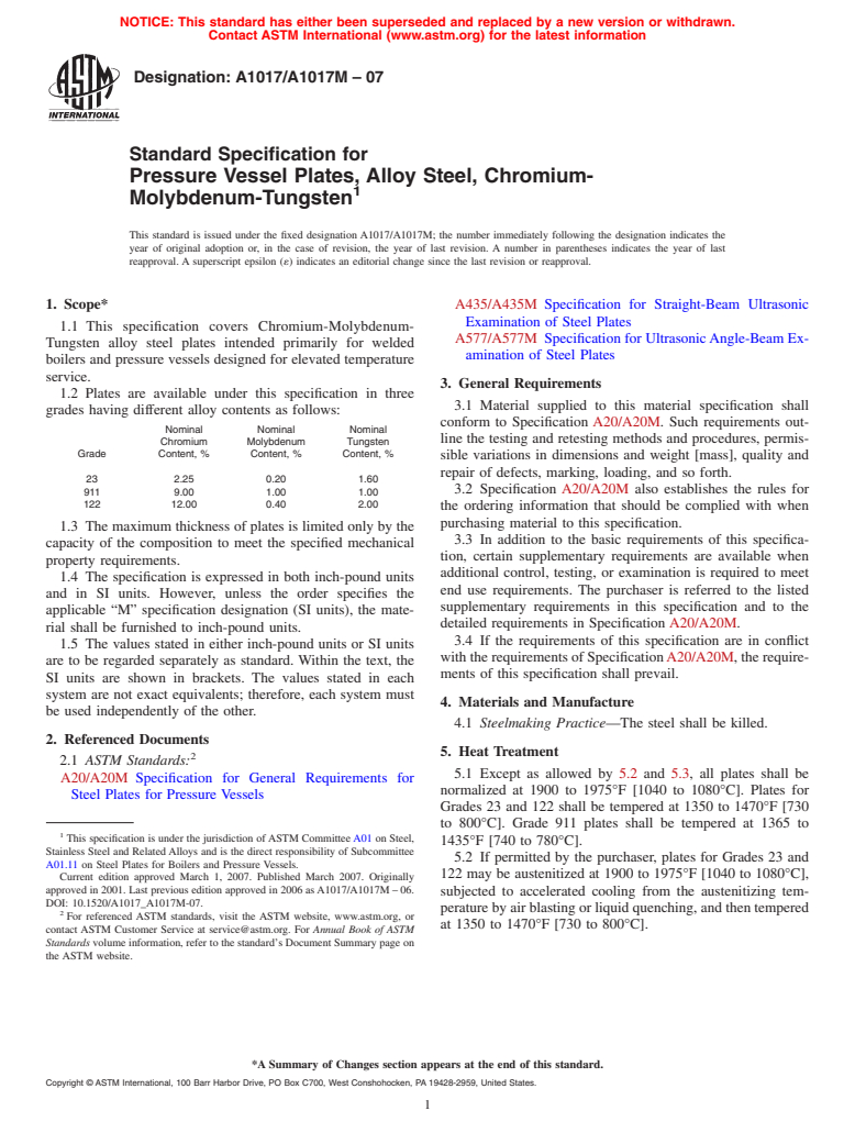 ASTM A1017/A1017M-07 - Standard Specification for Pressure Vessel Plates, Alloy Steel, Chromium-Molybdenum-Tungsten