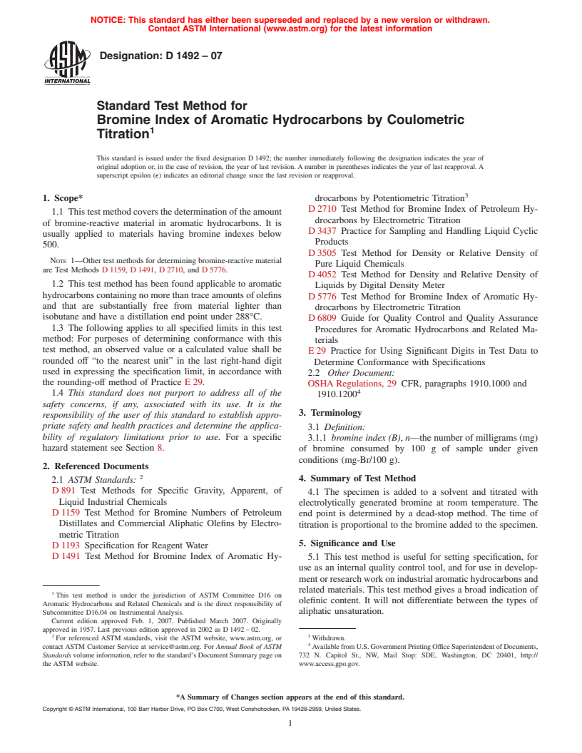 ASTM D1492-07 - Standard Test Method for Bromine Index of Aromatic Hydrocarbons by Coulometric Titration