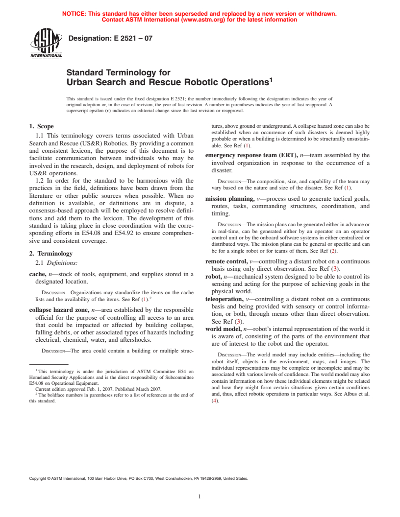 ASTM E2521-07 - Standard Terminology for Urban Search and Rescue Robotic Operations