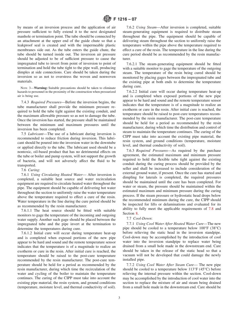 ASTM F1216-07 - Standard Practice for Rehabilitation of Existing Pipelines and Conduits by the Inversion and Curing of a Resin-Impregnated Tube