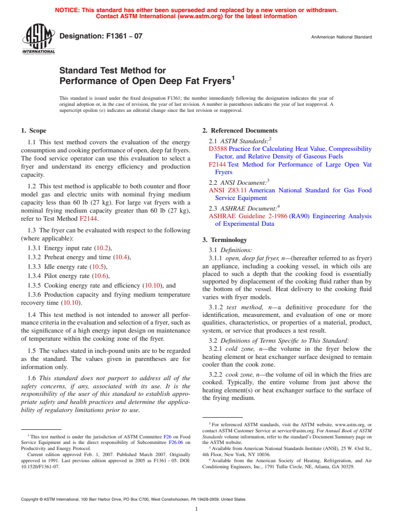 ASTM F1361-07 - Standard Test Method for Performance of Open Deep Fat Fryers