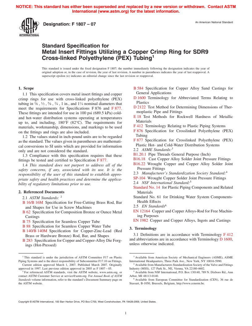 ASTM F1807-07 - Standard Specification for Metal Insert Fittings Utilizing a Copper Crimp Ring for SDR9 Cross-linked Polyethylene (PEX) Tubing