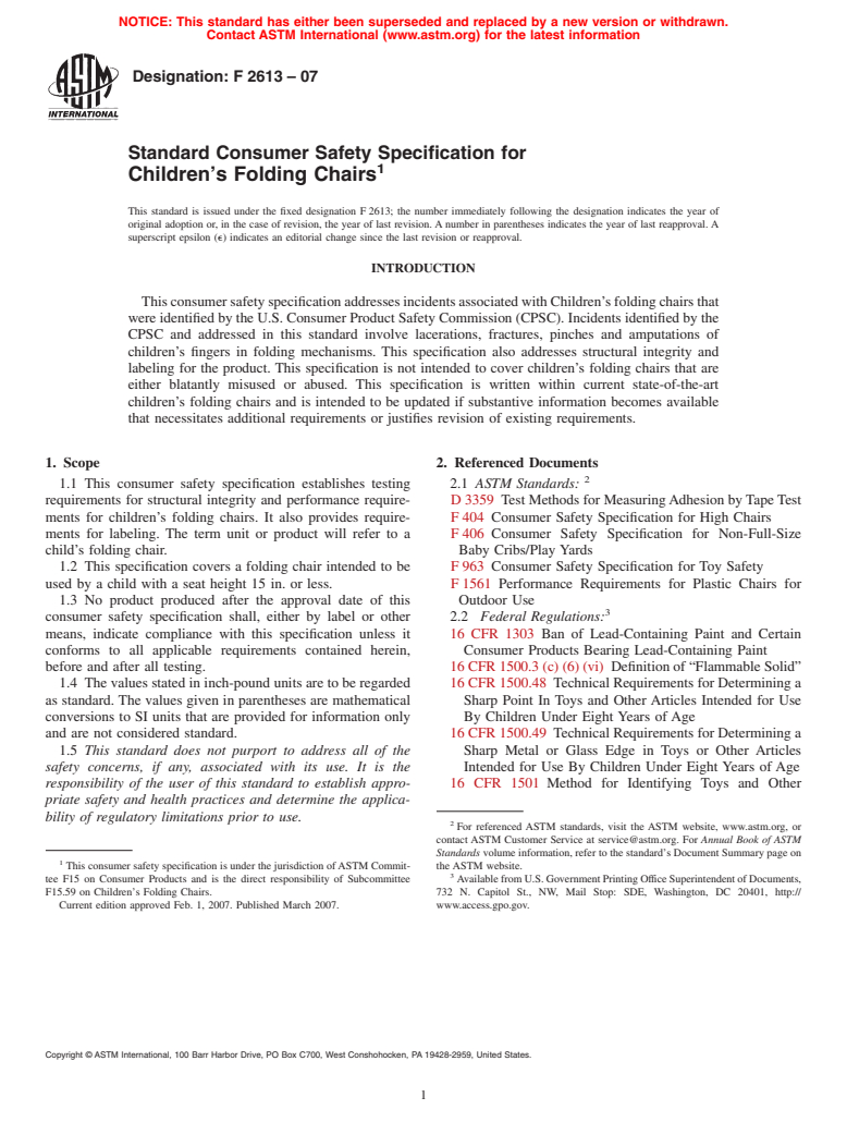 ASTM F2613-07 - Standard Consumer Safety Specification for Children's Folding Chairs